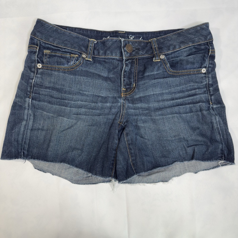American Eagle Women 10 Stretch Midi Shorts Denim Raw Hem Stretch Dark Wash Low
